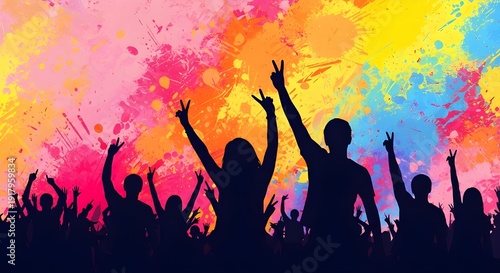 Celebrating crowd cheering in colorful paint splatters background