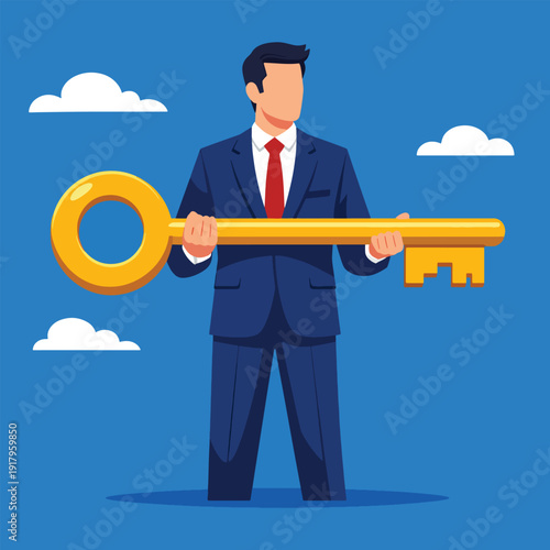Man with big key symbol of success concept illustration