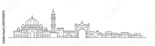 Mosque and city gate with minaret on flat skyline view