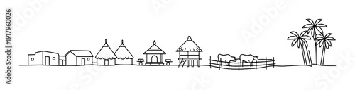 Line art village scene showing huts, animal pen and palm trees