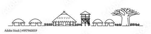 Line art village showing large tree, huts and watchtower