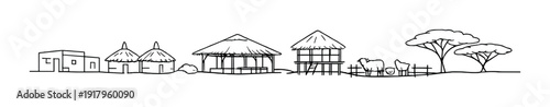 Thatched huts and stilted shelter with livestock near trees