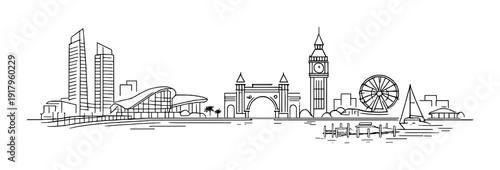 City skyline line drawing with clock tower and ferris wheel