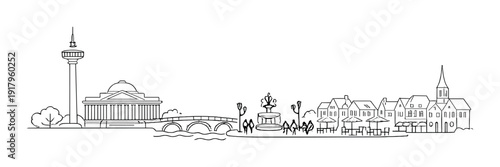 Riverside skyline drawing with fountain and row houses
