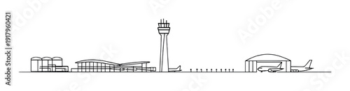 Airport control tower and terminal with hangar and parked planes