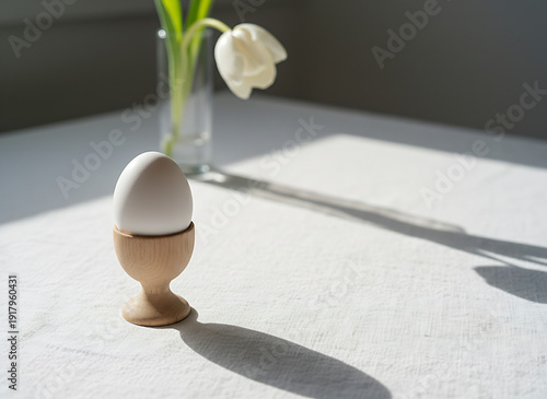 White egg in wooden egg cup on table with white tulip in glass vase
