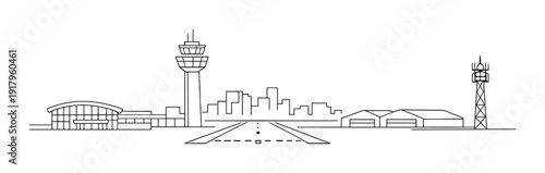 Airport runway centered with control tower and hangars in background