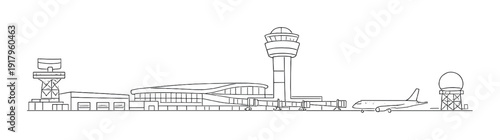 Airport terminal with control tower and airplane at apron