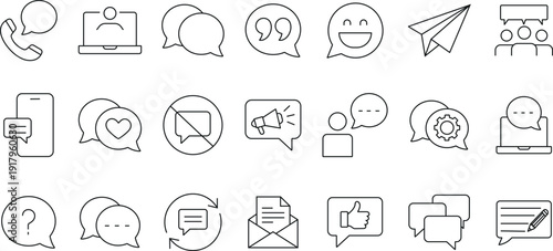 Message, talk, chat, sms, speech bubble, dialogue editable stroke outline icon set.