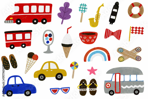 Colorful collection of hand drawn objects and vehicles on a white background