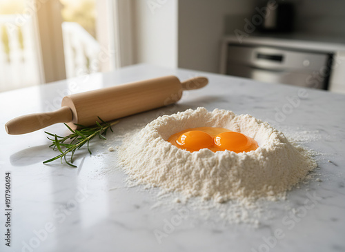 Egg yolks in a mound of flour on kitchen countertop with rolling pin and rosemary