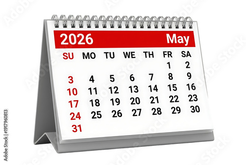 A realistic depiction of a desk calendar displaying the month of may in the year 2026 on transparent background high quality professional detailed