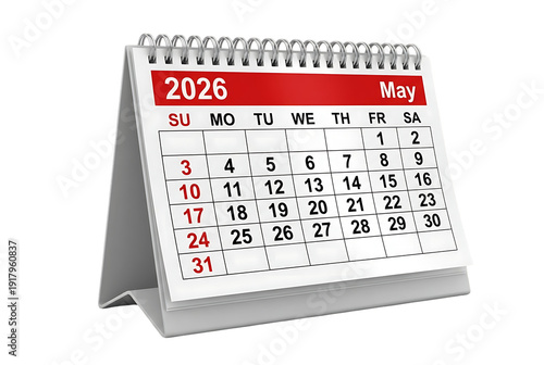 A realistic image of a desk calendar displaying may 2026 with clearly visible dates and a red cover on transparent background high quality