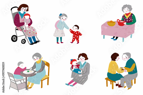 Illustrations depicting multigenerational family interactions and caregiving scenes