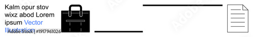 Business workflow, document management, communication, task flow, office organization, corporate planning. A briefcase, text segment and document icon in a horizontal layout. Business workflow