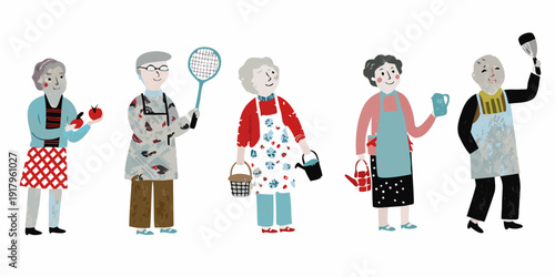 A group of illustrated elderly women engaged in various activities