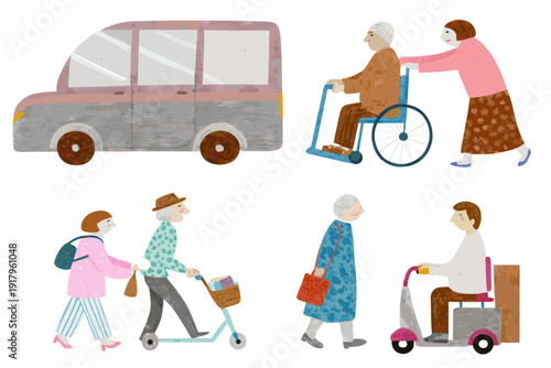 Elderly assistance and transportation depicted in a colorful illustration