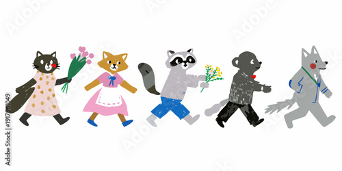 A colorful parade of illustrated animals walking in a cheerful line