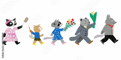 Anthropomorphic cats in a procession with flowers and instruments