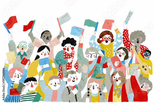 A diverse group of people raising colorful flags in a joyful demonstration