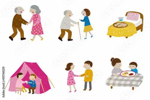 Illustrations depicting family life caregiving and leisure activities