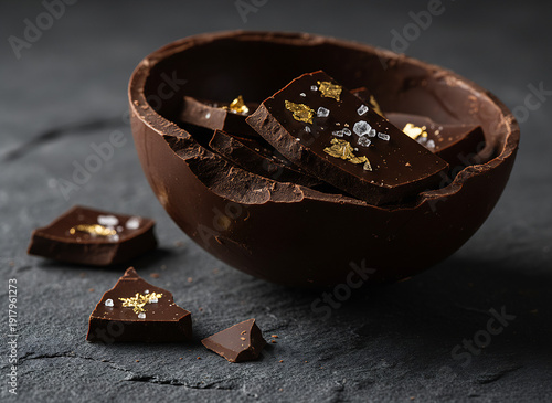 Broken dark chocolate bowl with salted chocolate pieces on dark surface
