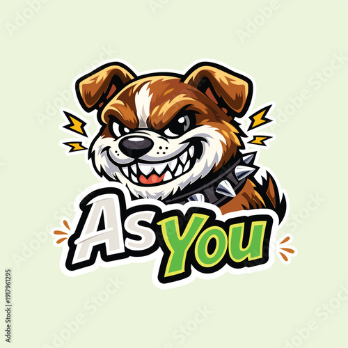 A powerful hand drawn illustration of a fierce brown and white dog wearing a spiked collar with stylized text. Ideal for sports mascots, aggressive brand logos, and urban streetwear stickers