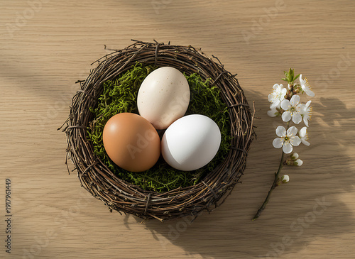 Bird nest with three eggs and a flowering branch on wooden surface