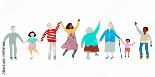 A diverse group of people joyfully holding hands in a line