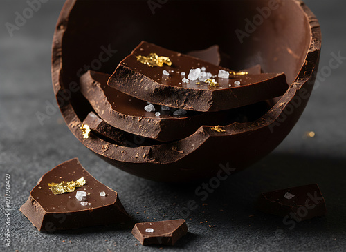 Broken dark chocolate pieces with sea salt and gold flakes in a chocolate bowl