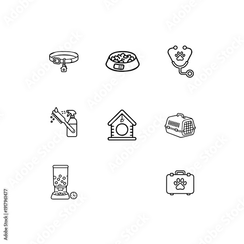 Professional pet care and veterinary service linear icon set, animal clinic and domestic pet supplies vector symbols