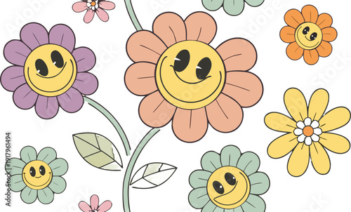 Groovy flower cartoon characters. Sticker pack in trendy retro trippy style. Funny happy daisy with eyes and smile. 