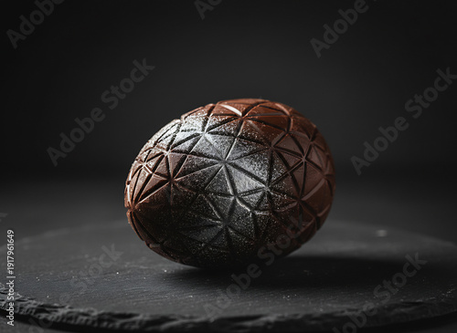 Dark chocolate Easter egg with geometric pattern on slate plate