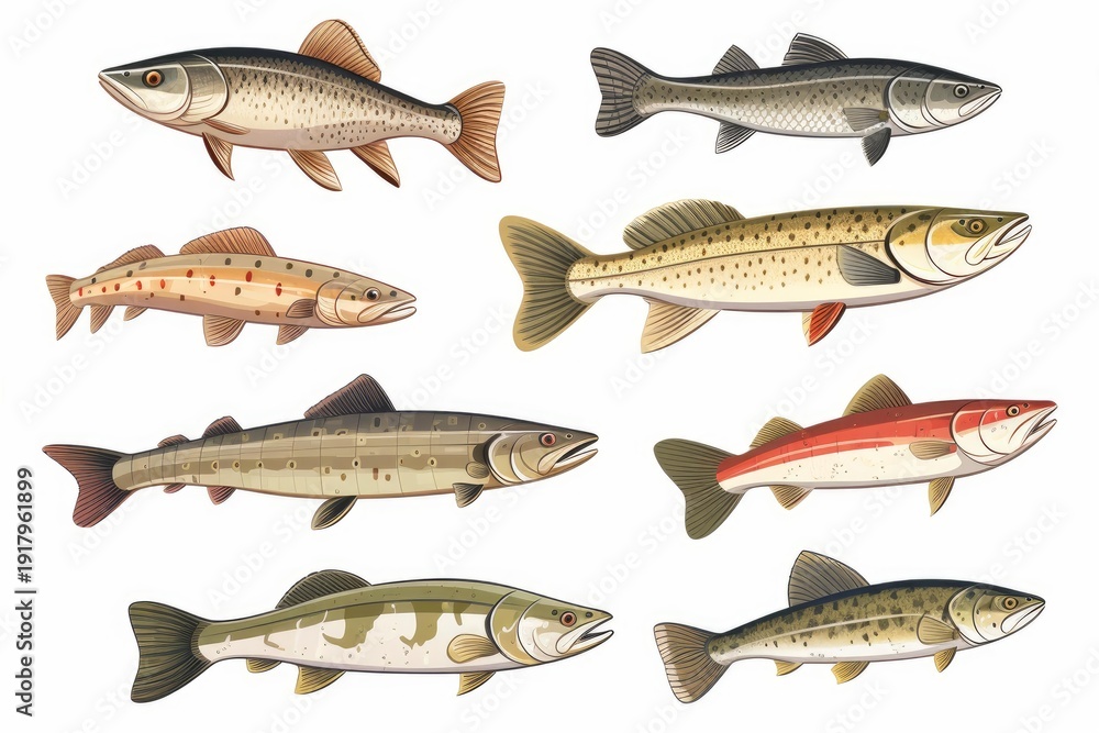 Obraz premium Various types of freshwater and game swimming, isolated for educational or design purposes
