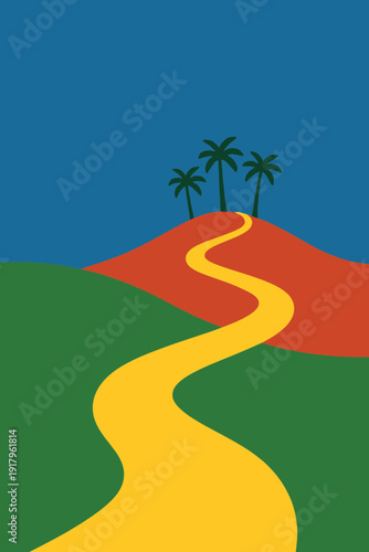 A winding path leading to a distant hill with palm trees