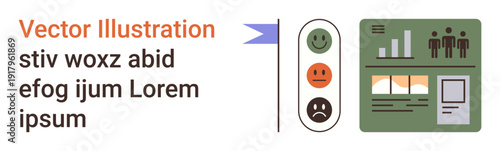 Business analytics, emotional insights, data visualization, performance metrics, decision-making, infographic. Traffic light sentiment indicator and dashboard interface. Emotional insights