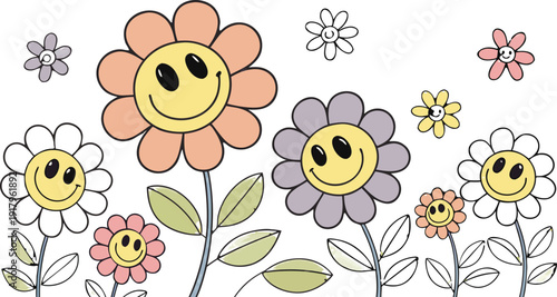 Groovy flower cartoon characters. Sticker pack in trendy retro trippy style. Funny happy daisy with eyes and smile. 
