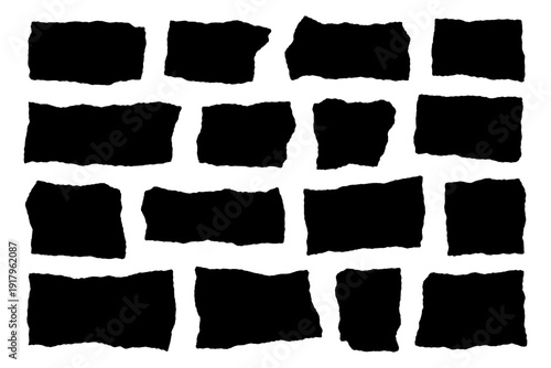 Black torn paper scrap set isolated on transparent background. Torn ripped rough edge paper piece silhouette collage