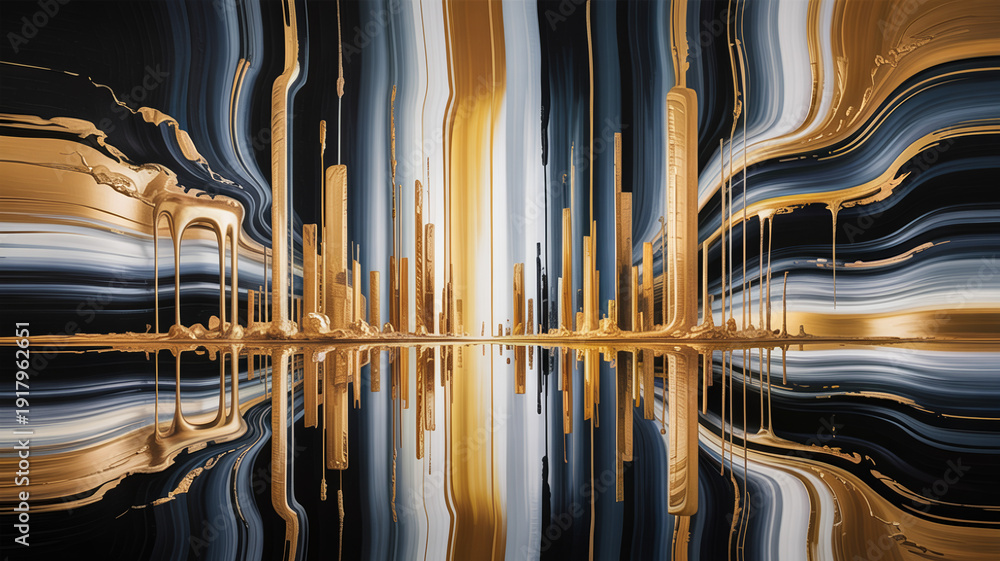 Obraz premium Golden cityscape with abstract swirling patterns and reflective surface
