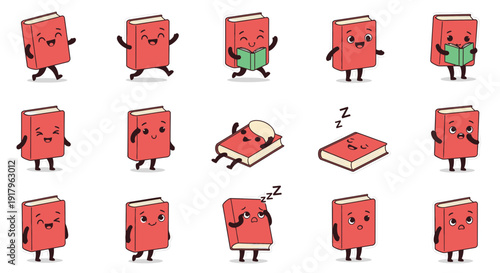 Animated red books expressing various emotions and activities  