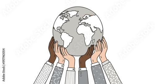Diverse hands holding a gray globe, symbolizing global unity and cooperation, isolated on transparent background.