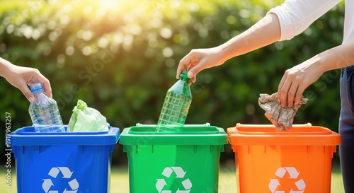 Hands sorting plastic bottles and paper into colorful recycling bins