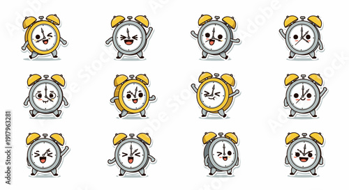 Cartoon alarm clocks expressing various emotions in colorful style  