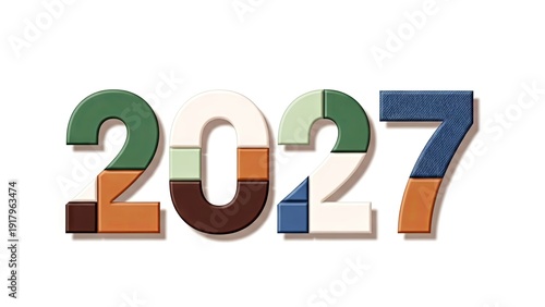 Colorful wooden numbers representing the year 2027 on white background  