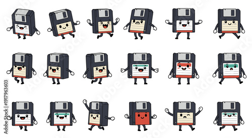 Cartoon cassette tapes with arms and legs in various poses  