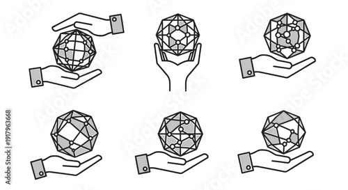 Global connections line icon set. Includes world, earth, globe, network, and hands icons. Created in minimalist style with black and white palette