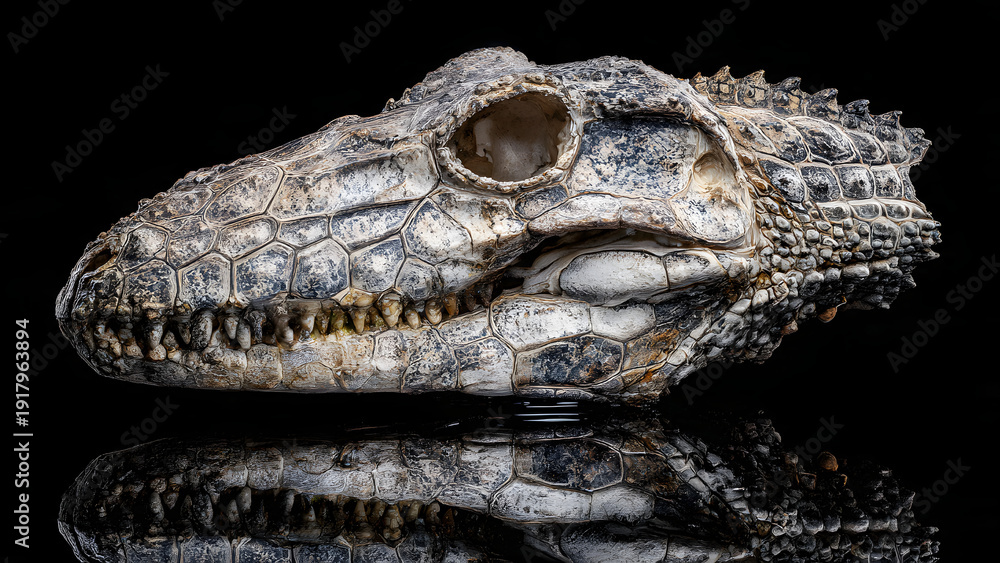Obraz premium Textured Crocodilian Skull Displayed on a Reflective Surface