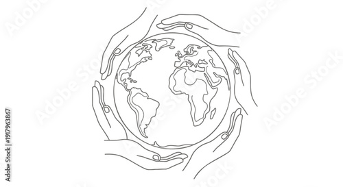 Earth protection line icon. Human hands holding the globe from all sides. Created in minimalist line style with black and white color palette.