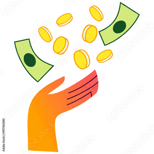 Hand catching falling money and coins vector illustration. A gradient-colored hand is positioned to receive green banknotes and golden coins descending from above