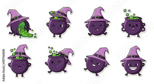 Cartoon witch cauldrons with varied facial expressions and green potion  